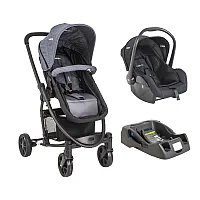 CARRINHO BERO PRIMA MELANGE AZUL + BEB CONFORTO CASULO PRETO + BASE - LENOX KIDDO