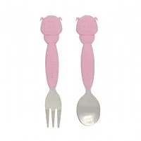 JOGO DE COLHER E GARFO 3+ AO INOX/SILICONE PORQUINHA - MARCUS & MARCUS