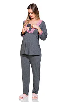 PIJAMA LONGO PARA GENSTANTE COM ABERTURA PARA AMAMENTAO EM VISCOLYCRA - BELLO SONHOS