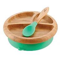 PRATO DE BAMBU COM DIVISRIAS E VENTOSA + COLHER INFANTIL VERDE - AVANCHY